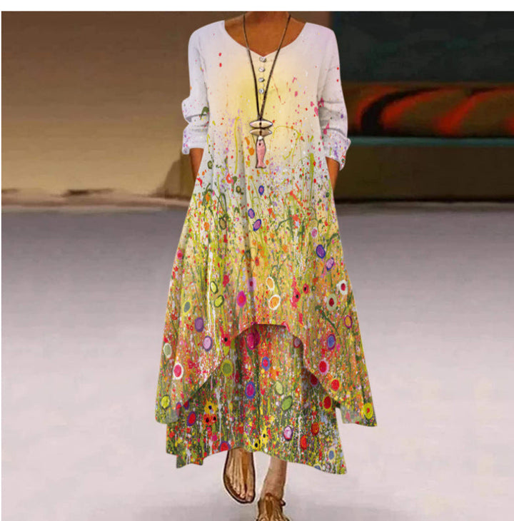 Damen Fließendes Maxikleid mit kunstvollem Blumendruck und asymmetrischem Saum Drune