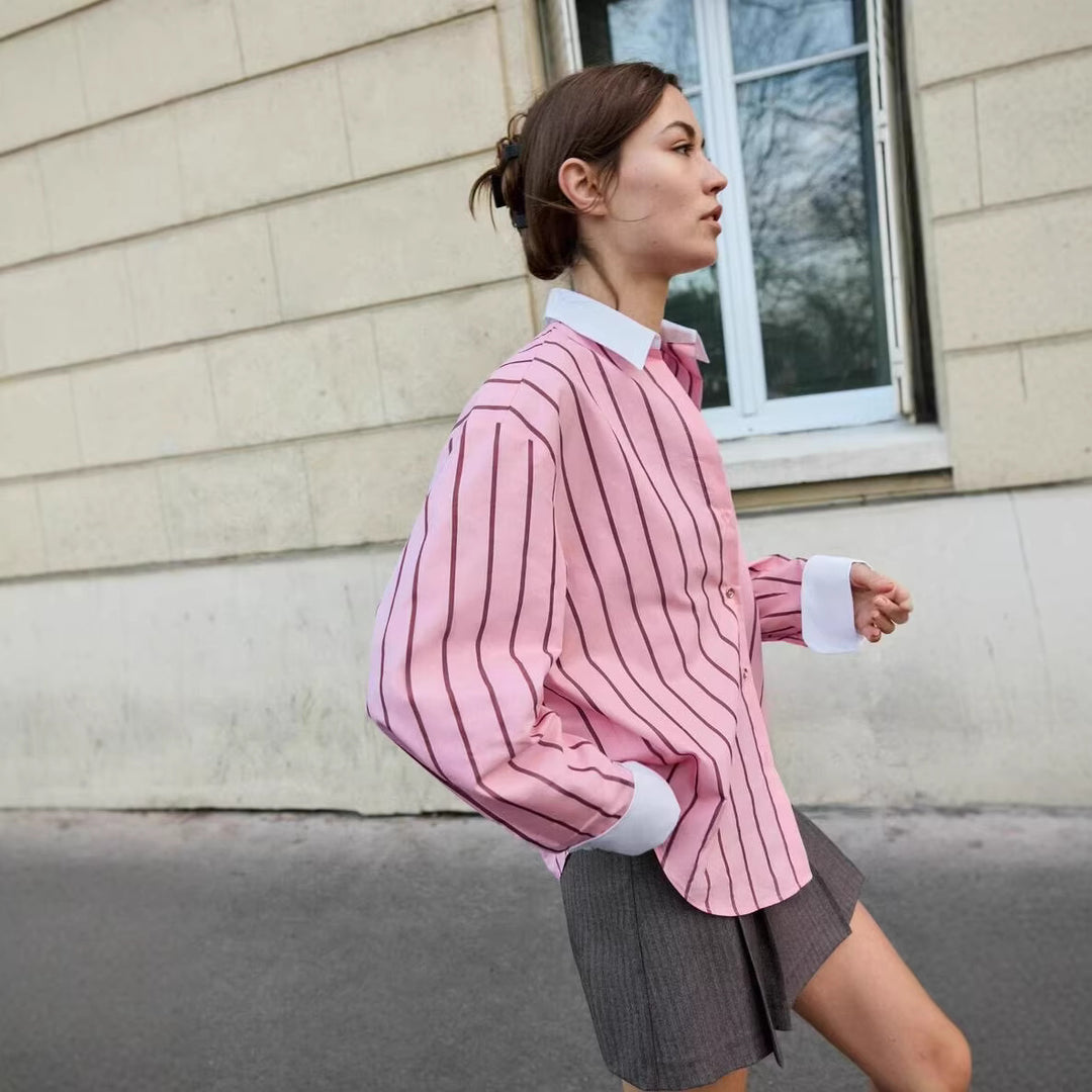Damen Gestreifte Oversize-Bluse mit kontrastkragen und Manschetten Drune