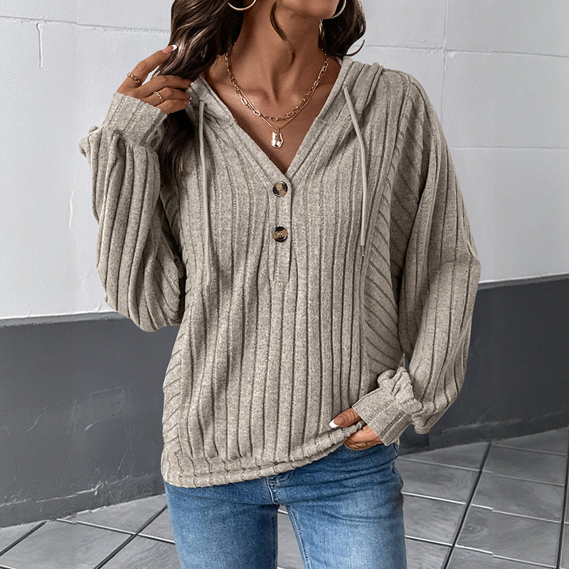 Damen Gerippter Kapuzenpullover mit V‑Ausschnitt, Knopfleiste und Oversize-Ärmeln Drune