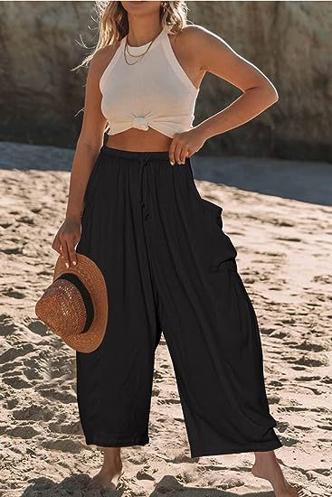 Damen Hochbundweite Weitbein Leinenmix Cargo Cropped Hose Drune