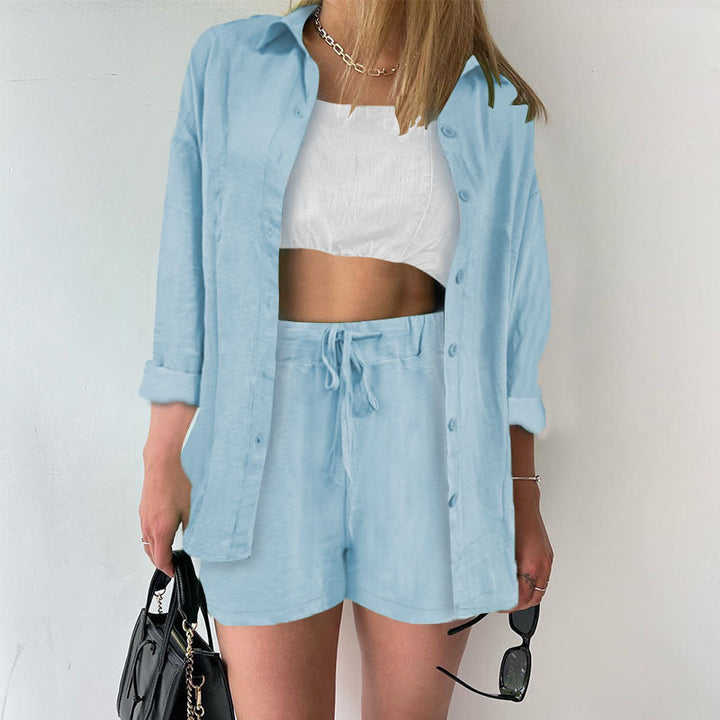 Damen Leinenoptik dreiteiliges Sommer-Lounge-Set mit Oversize-Hemd Cropped-Top und High-Waist-Shorts Drune