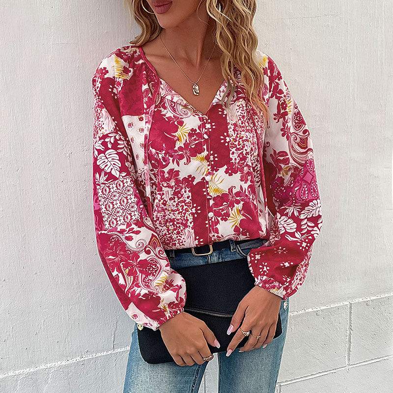 Damen Patchwork-Bluse mit V-Ausschnitt, BindDruneändern und Ballonärmeln Drune