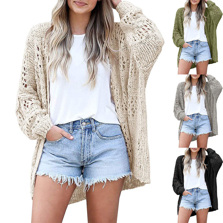 Damen luftige Strickjacke mit detailliertem Lochmuster und weitem Schnitt Drune
