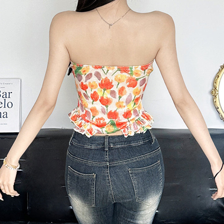 Damen Bustier-Top mit floralem Glitzerdesign und Rüschensaum Drune