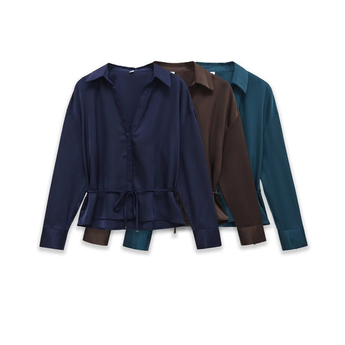Damen Seidiges Hemdblusen-Shirt mit Bindegürtel und Schößchen Drune