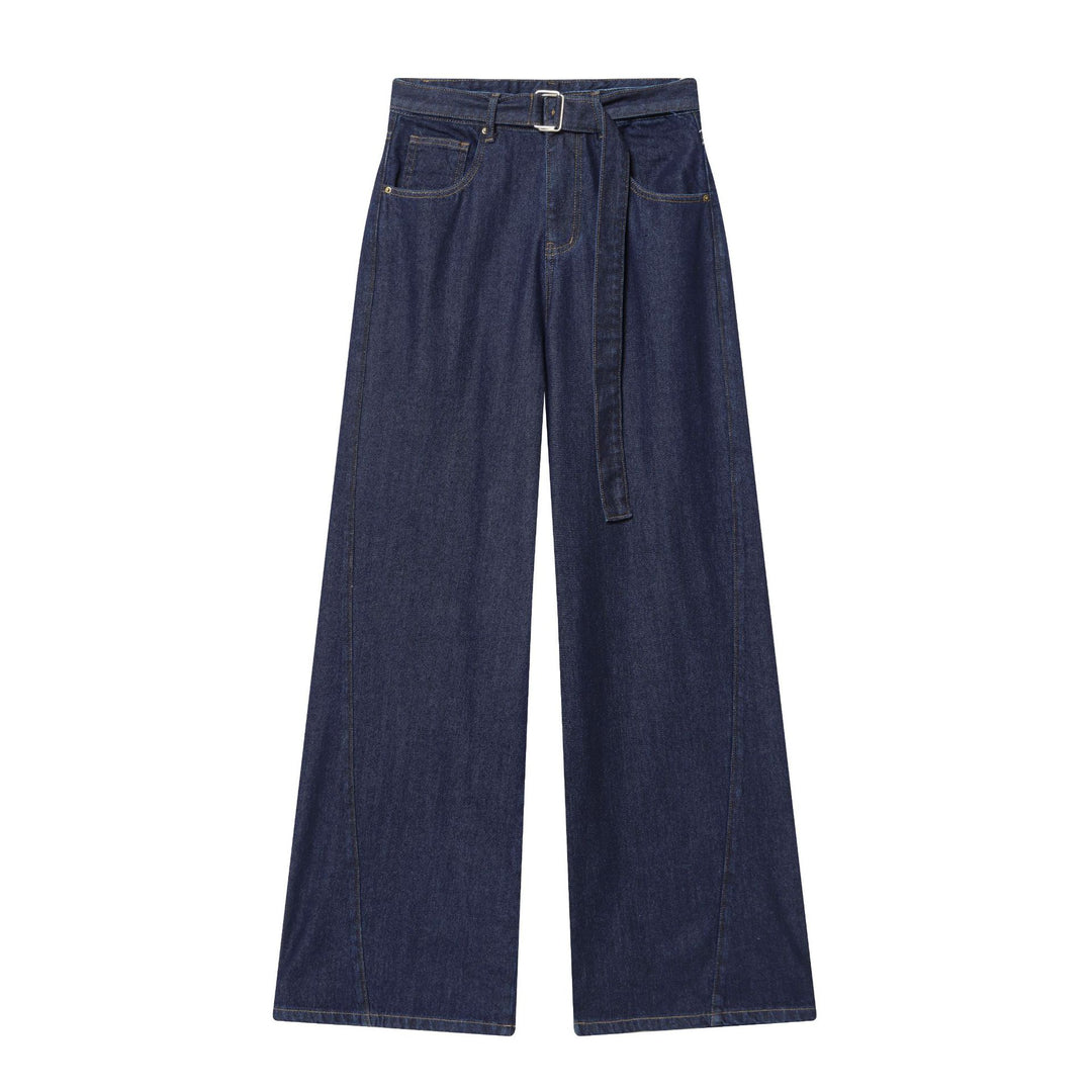 Damen nan hochgeschnittene Jeans mit weitem Bein, Stoffgürtel und großen Vordertaschen Drune