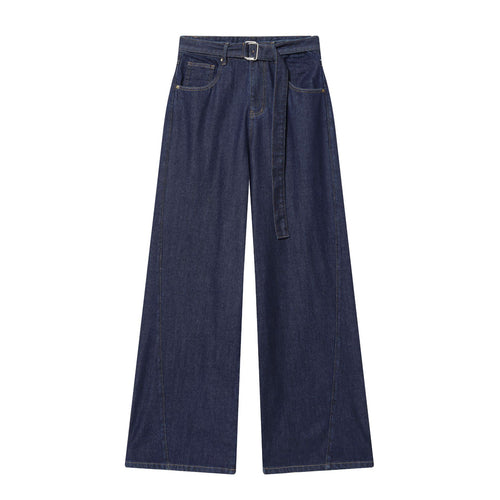 Damen nan hochgeschnittene Jeans mit weitem Bein, Stoffgürtel und großen Vordertaschen Drune