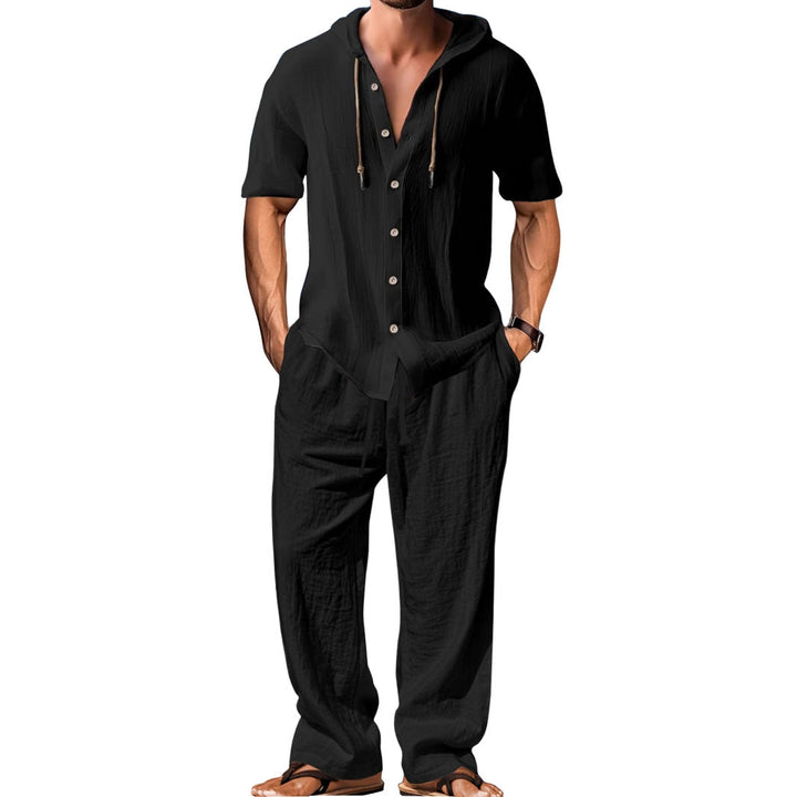 Herren nan luftiges Leinen-Lounge-Set mit kurzärmeligem Kapuzenhemd und gerader Relaxhose Drune