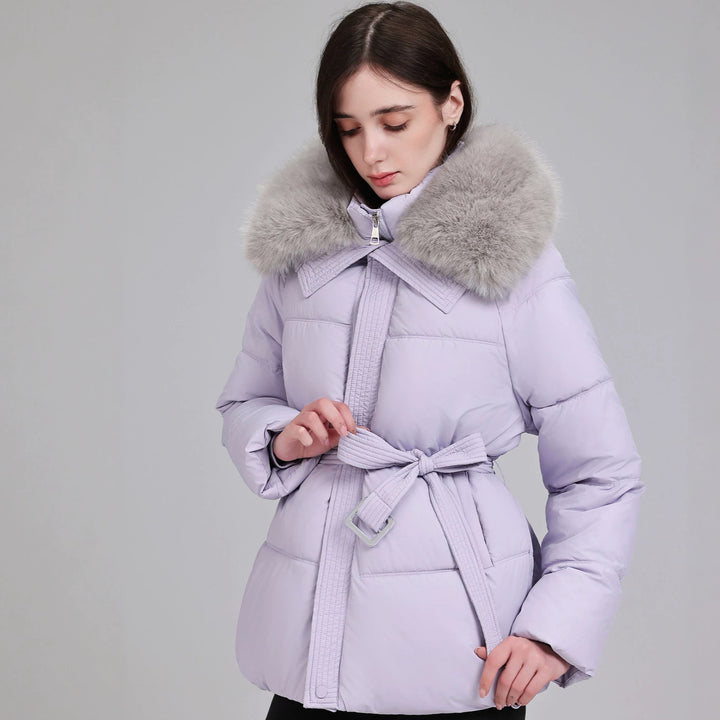 Damen Taillierter Pufferparka mit Wickelgürtel, hohem Stehkragen und voluminösem Fellkragen Drune