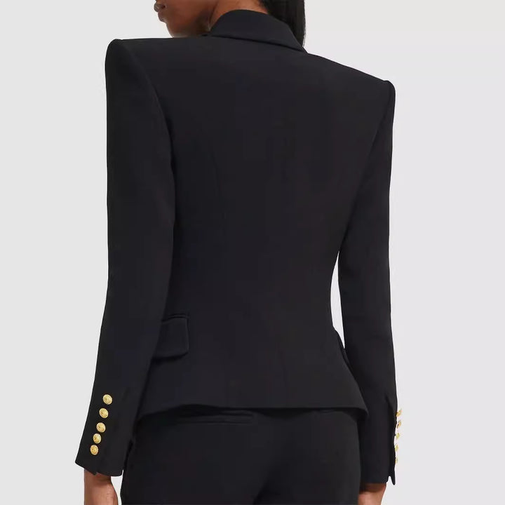 Damen Figurnaher Smokingblazer im Tailoring mit betonter Schulter und goldener Zierknopfleiste Drune
