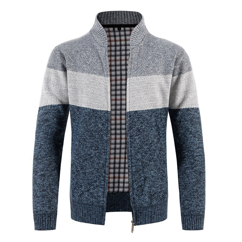 Herren modische Strickjacke mit kontrastierenden Streifen und gestepptem Innenfutter Drune