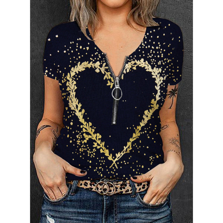 Damen Stylisches T-Shirt mit goldfarbenem Herz-Design und Reißverschluss Drune