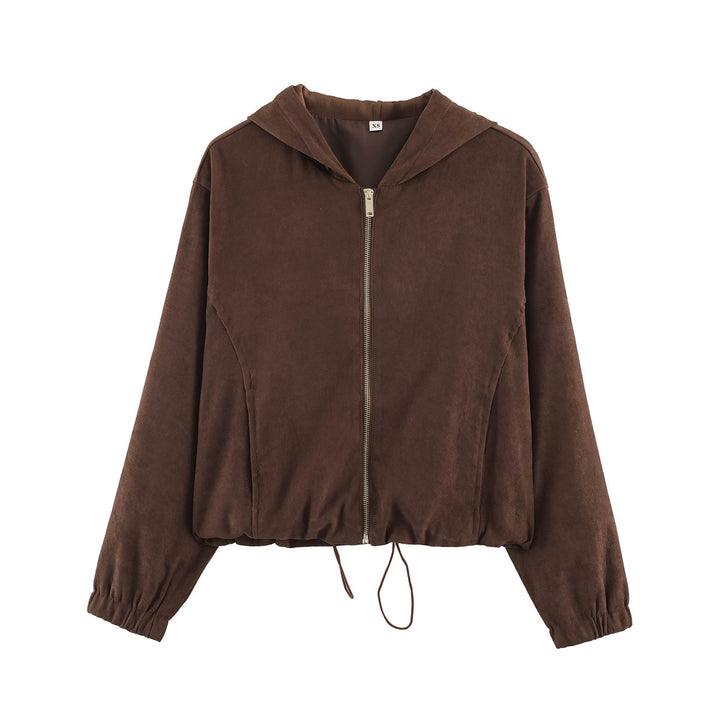 Damen Kurzjacke aus Velours‑Optik mit Kapuze, durchgehendem Reißverschluss und Tunnelzugsaum Drune