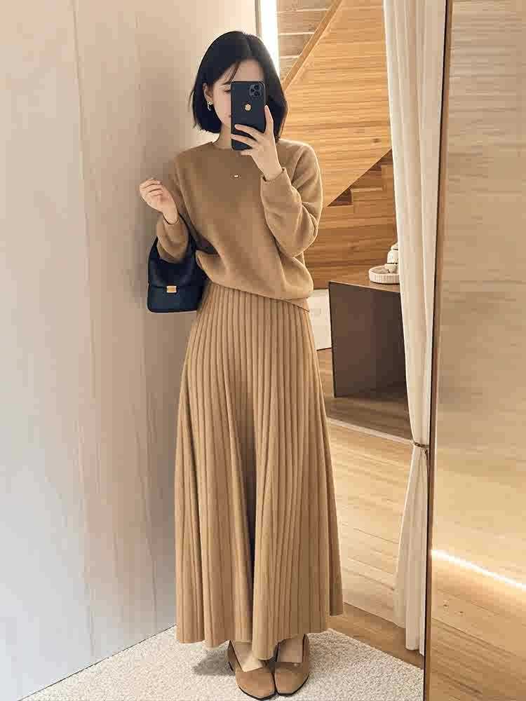 Damen Oversize-Strickpullover und plissierter Maxi-Rock Set Drune