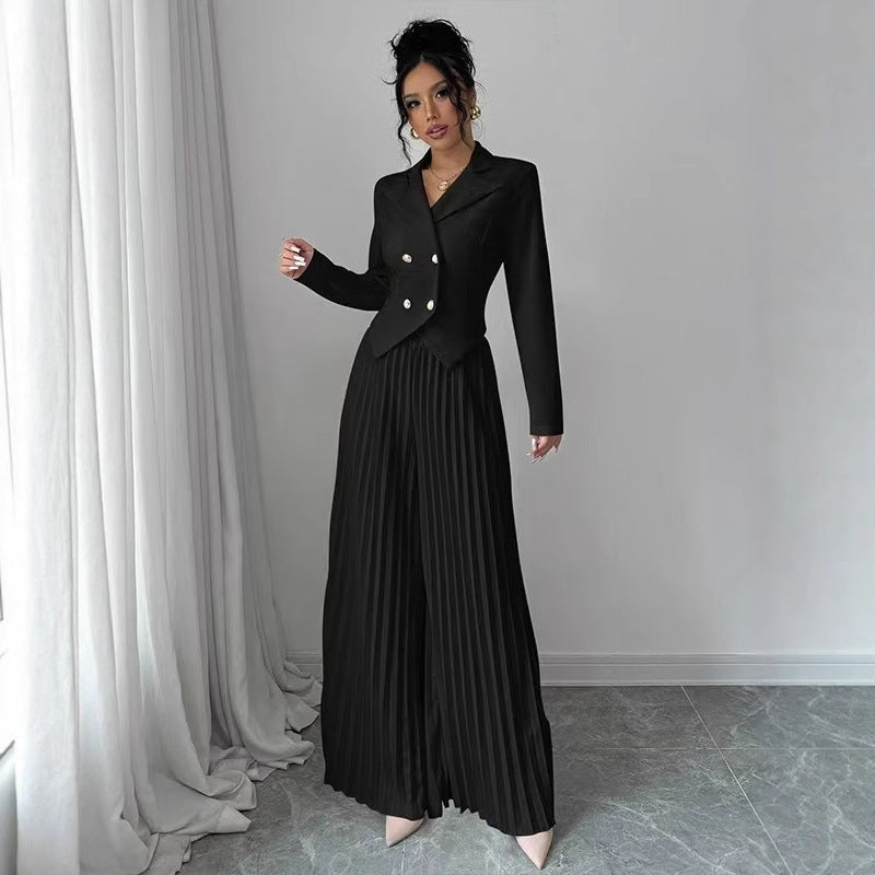 Damen Taillierter Doppelreihiger Blazer und plissierte Palazzo-Hose Drune