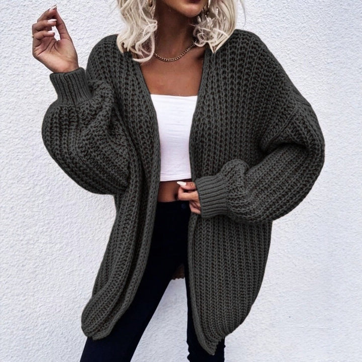 Damen lässiger Grobstrick-Cardigan mit tiefen Taschen und voluminösen Ärmeln Drune