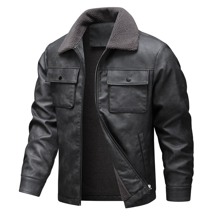 Herren Vintage-inspirierte Kunstlederjacke mit Teddyfutter und Hemdkragen Drune
