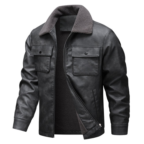 Herren Vintage-inspirierte Kunstlederjacke mit Teddyfutter und Hemdkragen Drune