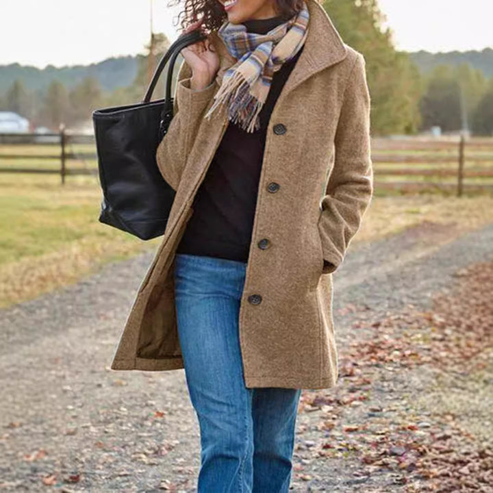 Damen modischer Wollmantel mit modernen Knopfdetails Drune