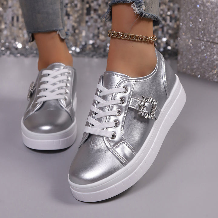 Damen Plateau‑Sneaker mit Metallic‑Obermaterial, dekorativer Strass‑Schließe und gepolsterter Komfortsohle Drune