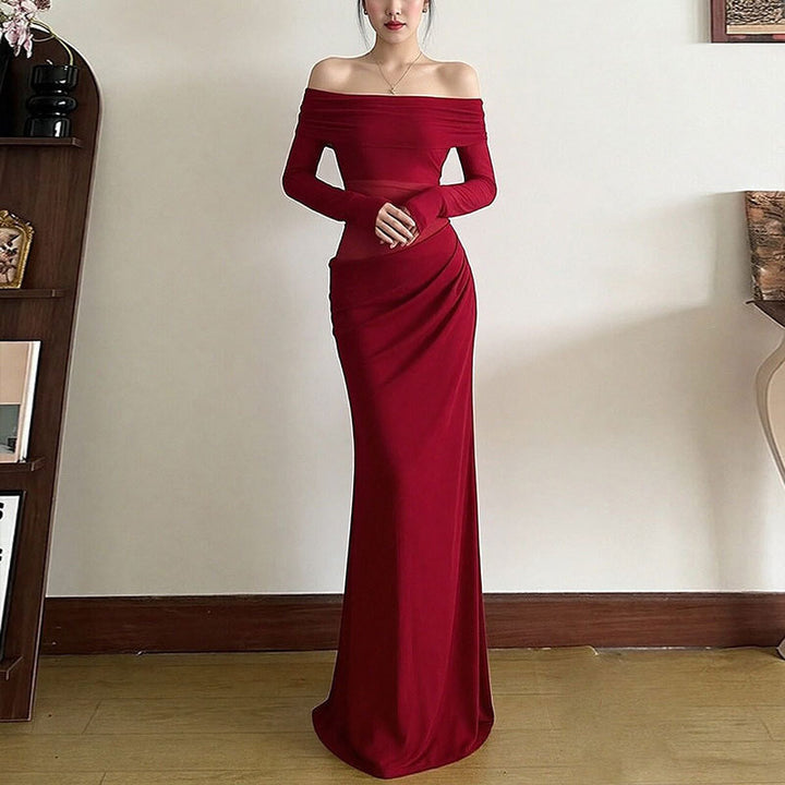 Damen Elegantes Off-Shoulder Maxikleid mit Rüschendetails und langem Arm Drune