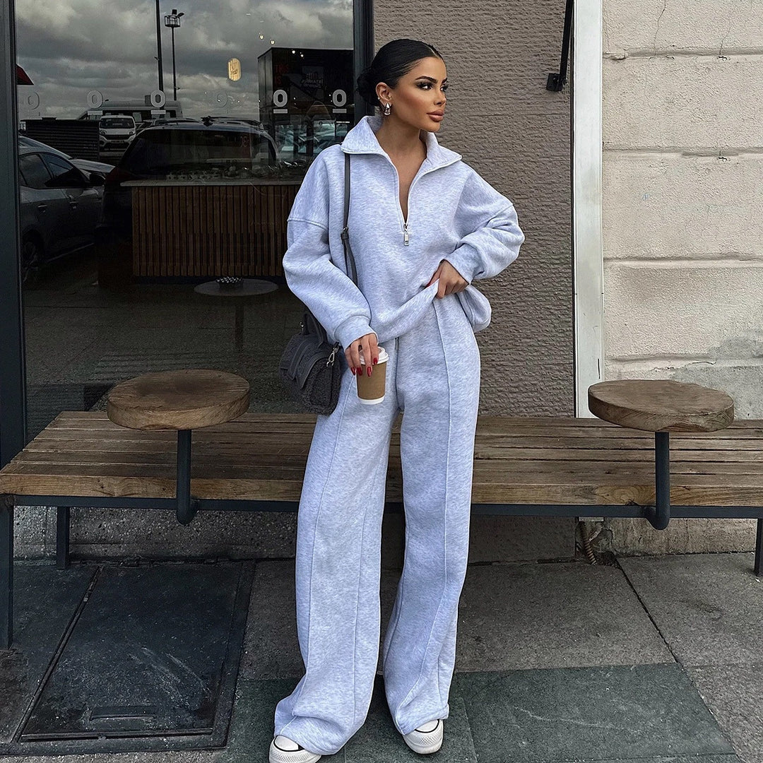 Damen Oversized Fleece-Lounge-Set mit Halb-Reißverschluss und weiten Jogginghosen Drune