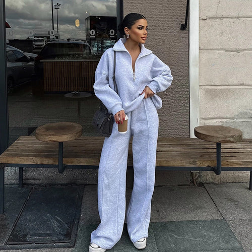Damen Oversized Fleece-Lounge-Set mit Halb-Reißverschluss und weiten Jogginghosen Drune