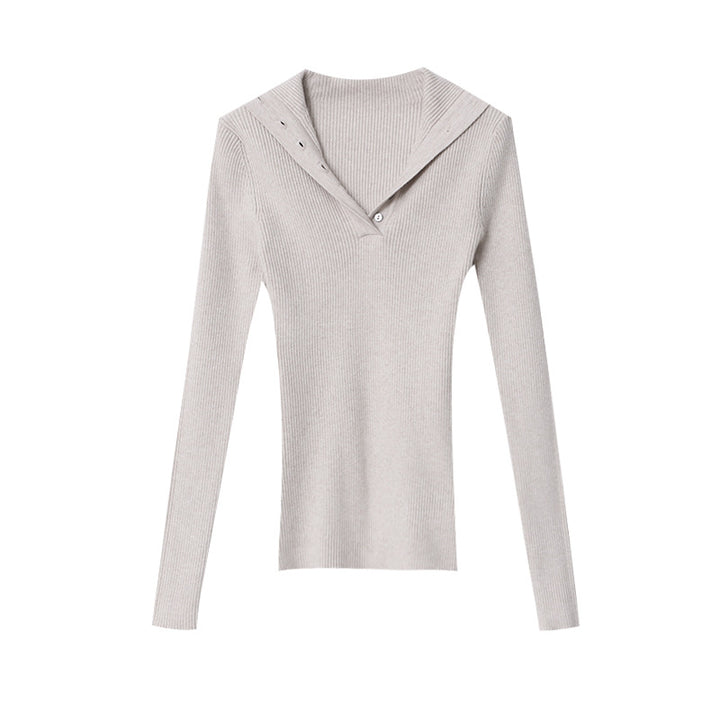 Damen lässiger Strickpullover mit tiefem V-Ausschnitt und Knopfleiste Drune