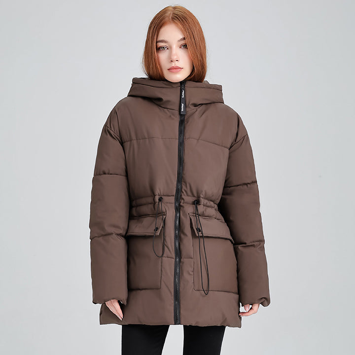 Damen nan mittellanger Thermoparka mit taillierendem Tunnelzug, ergonomischer Kapuze und großen Klapppattentaschen Drune