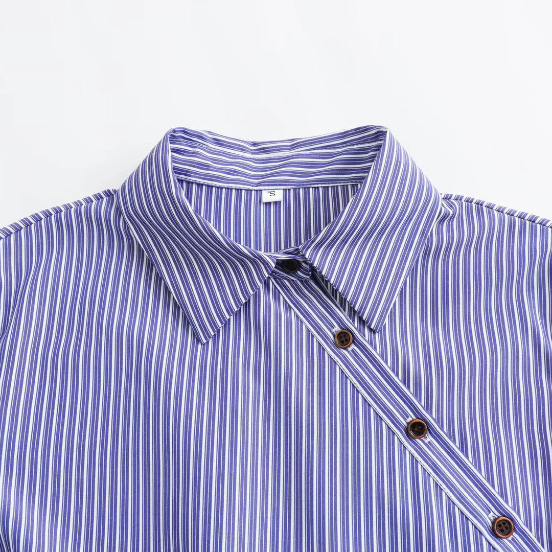 Damen Oversize Streifenbluse mit diagonaler Knopfleiste und Kentkragen Drune