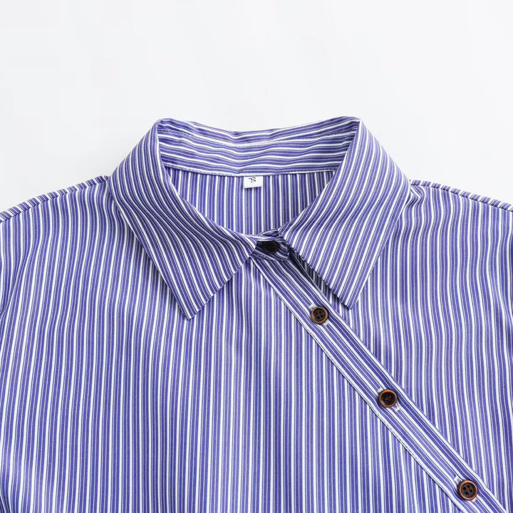 Damen Oversize Streifenbluse mit diagonaler Knopfleiste und Kentkragen Drune