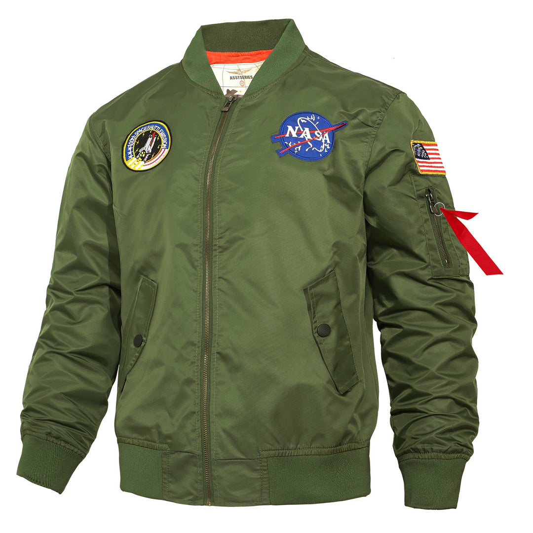 Männermode mit  besticktem Patch Flug-Bomberjacke mit kontrastierender Innenfutter und Utility-Ärmeltasche Drune