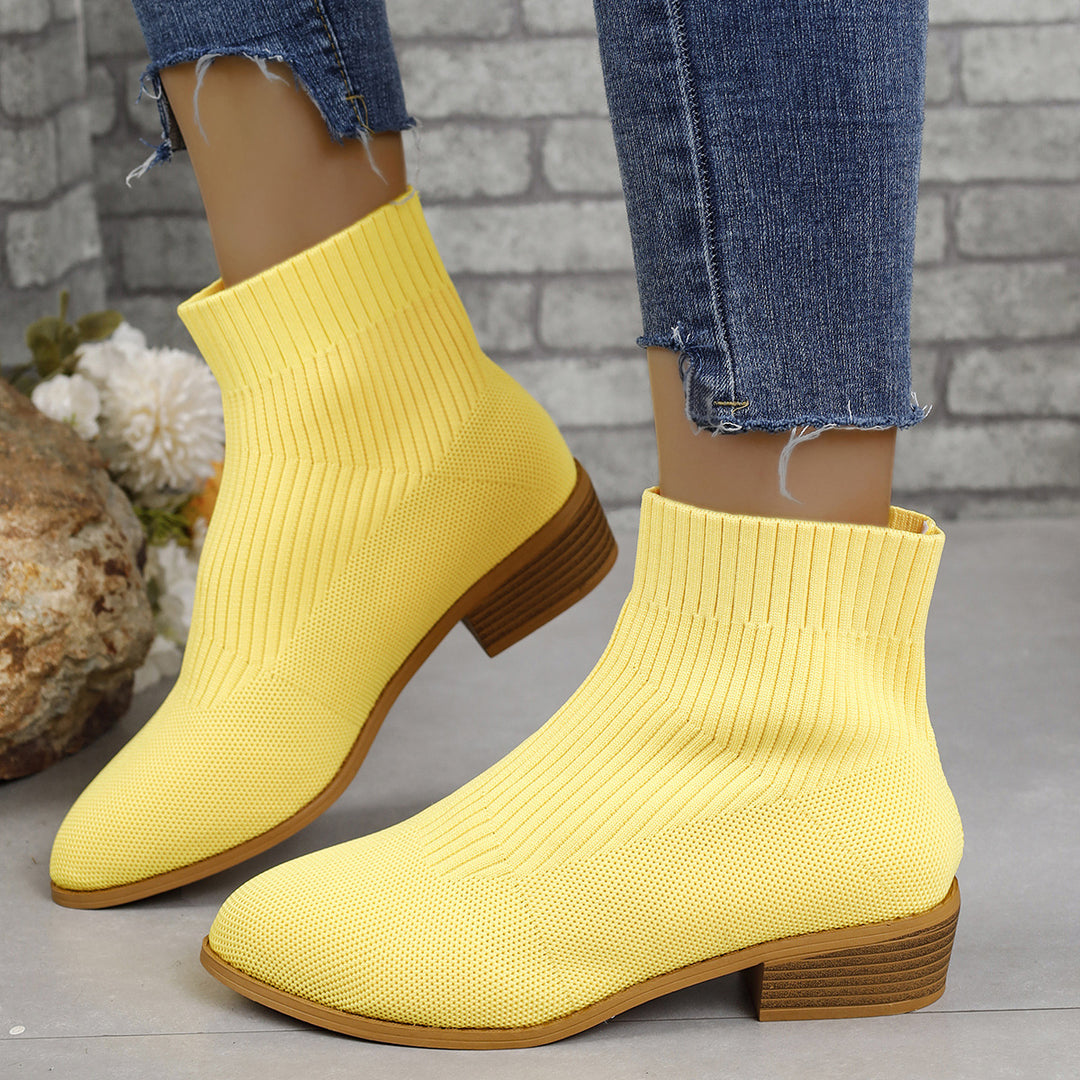 Damen nan gestrickte Sock-Ankleboots mit elastischem Schaft und niedrigem Holzblockabsatz Drune