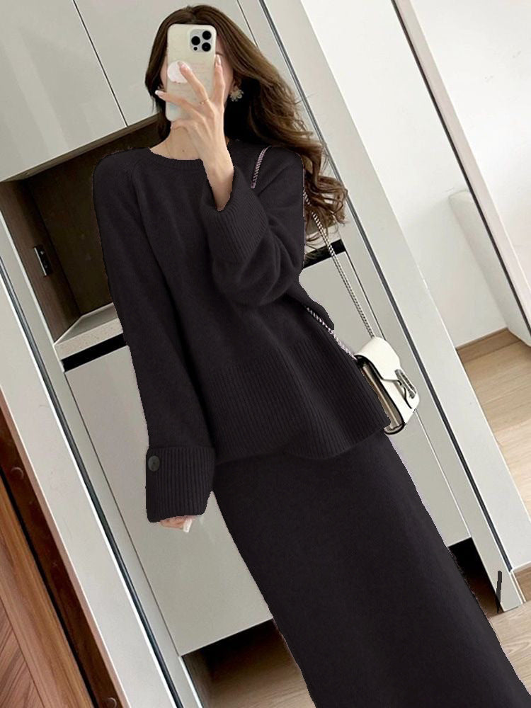 Damen gemütliches Strickensemble mit Pullover und Maxi-Rock Drune
