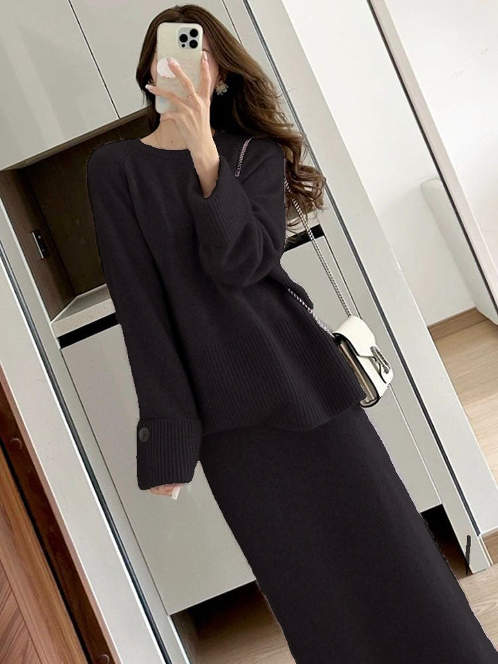 Damen gemütliches Strickensemble mit Pullover und Maxi-Rock Drune