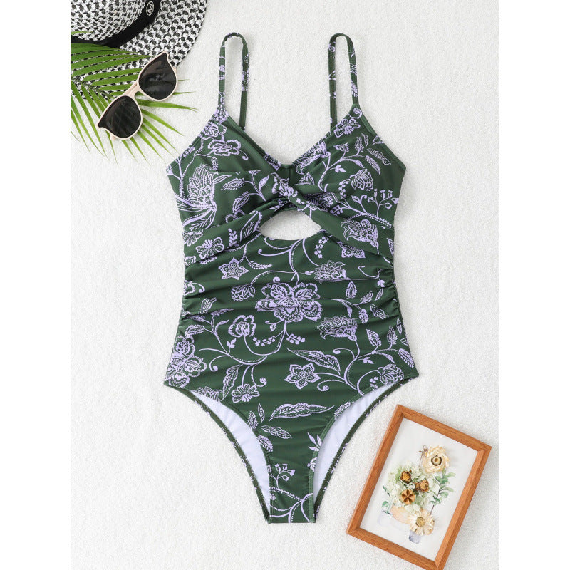 Damen Einteiler Badeanzug mit modischem floralen Design und hoch geschnittenem Ausschnitt Drune