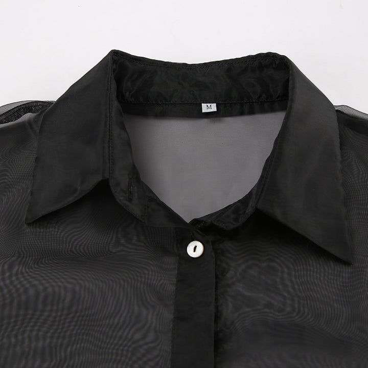 Damen transparente Bluse mit voluminösen Ärmeln und eleganten Bändchen Drune