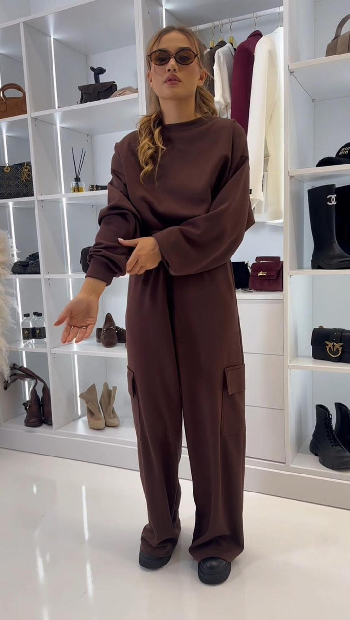 Damen kurzes Oversize-Sweatshirt mit weitem Cargo-Hose Lounge-Set Drune