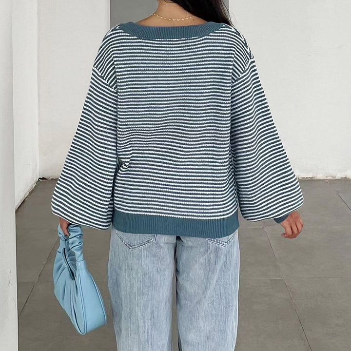 Damen Feinstrick-Pullover mit weitem U-Boot-Ausschnitt, ausgestellten Ärmeln und Intarsia-Blütenmotiv Drune