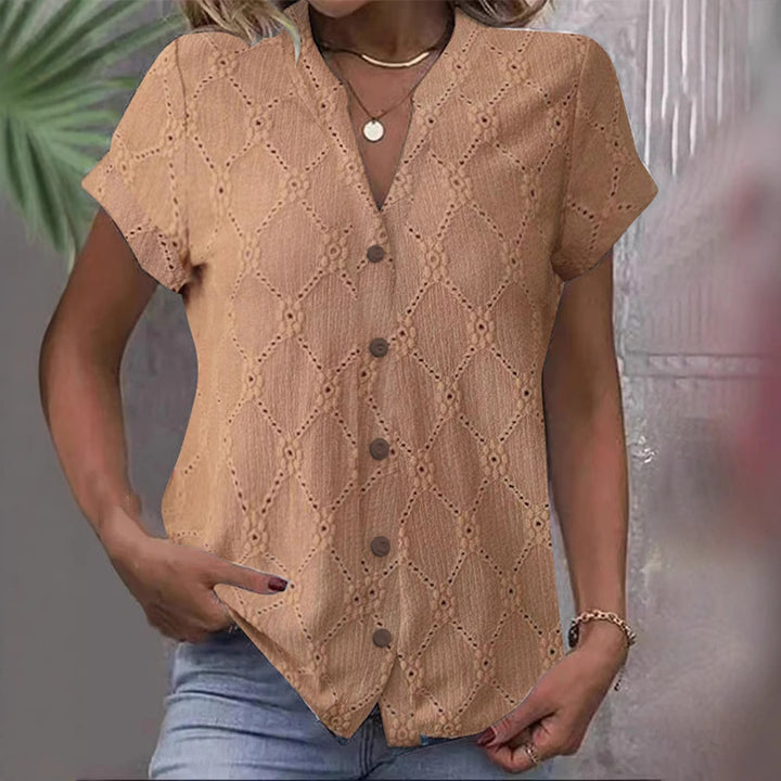 Damen nan kurzärmlige Broderie-Bluse mit V-Ausschnitt und durchgehender Knopfleiste Drune