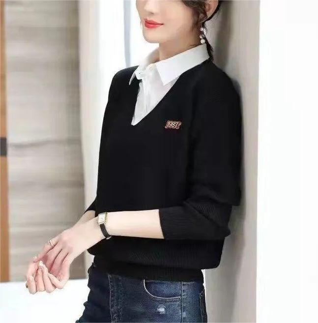 Damen eleganter V-Ausschnitt Pullover mit Hemdkragen Drune