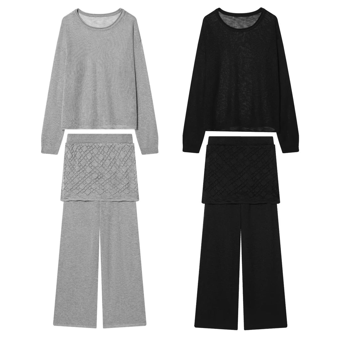 Damen Strick-Lounge-Set mit weitem Rundhals-Pullover und Highwaist-Schlaghose mit Spitzen-Detail Drune