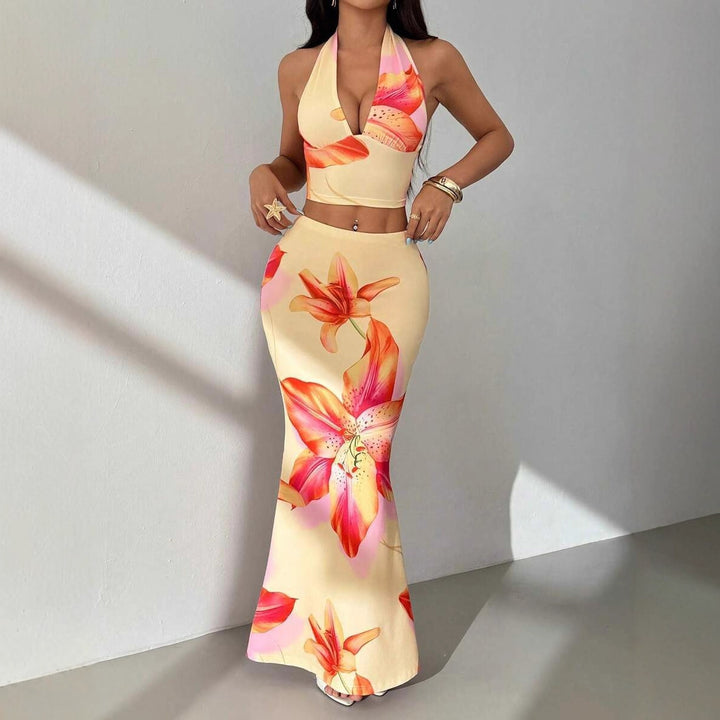 Damen Zweiteiliges Sommeroutfit mit floralem Design und elegantem V-Ausschnitt Drune