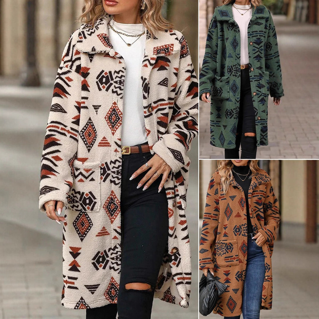 Damen Teddy-Mantel mit Aztekenmuster, Knopfleiste und aufgesetzten Taschen Drune