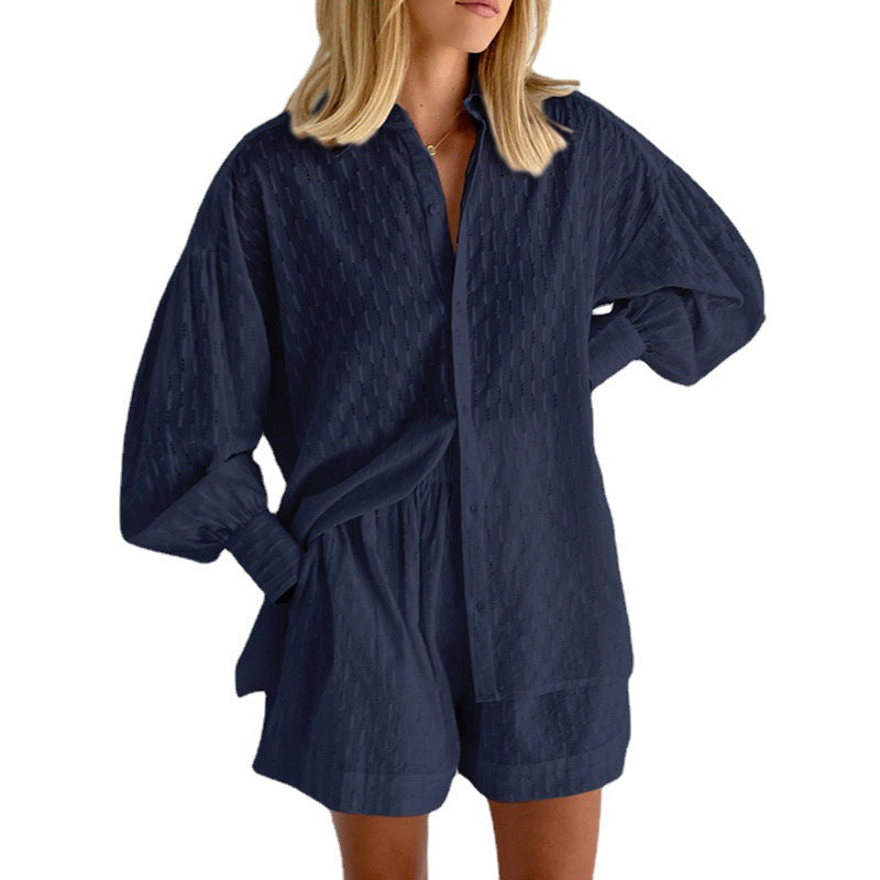 Damen lässiges Hemd-Shorts-Set mit elegantem Webmuster Drune