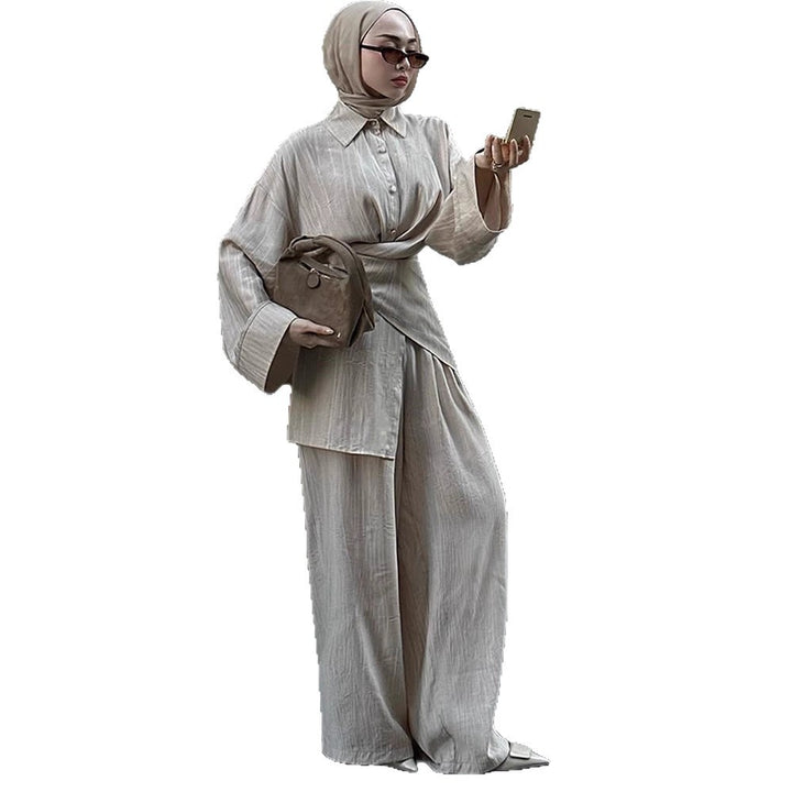 Damen Lässiges Tunika-Set mit Wickelgürtel und weiter Palazzohose Drune