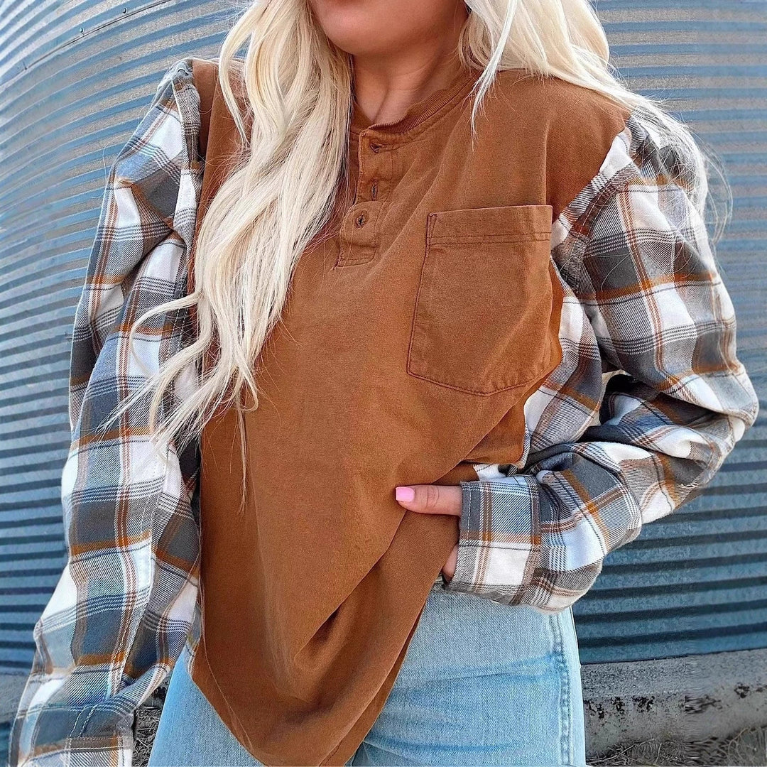 Damen nan weiter Henleypullover im Lagenlook mit karierten Ärmeln und Brusttasche Drune