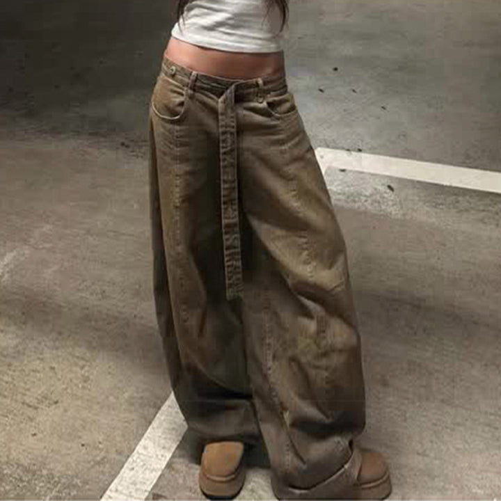 Damen Hochtaillierte weite Denim-Hose mit breitem Bindegürtel Drune