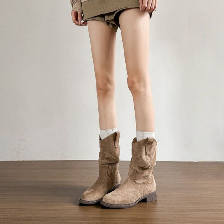 Damen Slouch-Stiefel aus Veloursleder mit gerafftem Schaft Drune