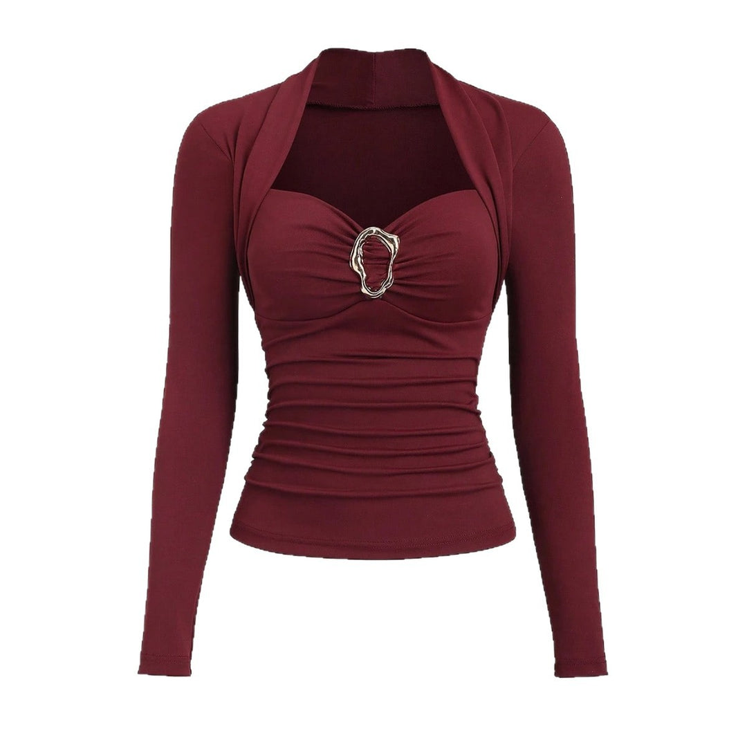 Damen nan figurbetontes Raffung-Top mit herzförmigem Dekolleté, Bustier-Optik und goldener Schmuckklemme Drune